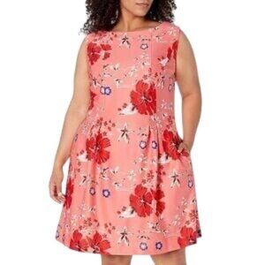 Roz & Ali Coral Floral Print Scuba Fit & Flare Dress w/ Pockets Size 20W 2X Plus